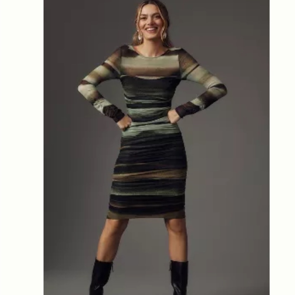 Anthropologie Ruched Mock-Neck Long-Sleeve Midi Dress M